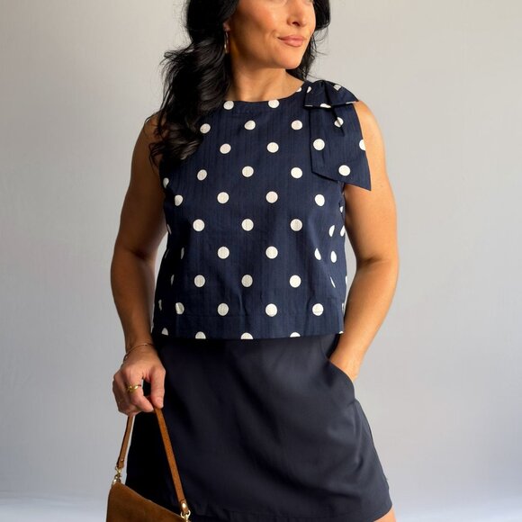 Women’s Navy Polka Dot Sleeveless Top – Bow-Shoulder Detail, Boxy Fit - Picture 1 of 8